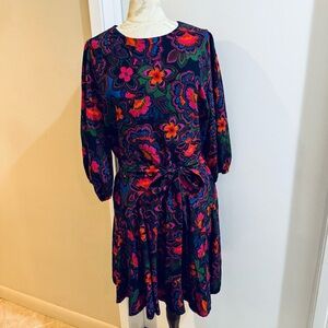 Sugarlips Vivid Floral Navy Tie Waist Lined Crew Neck Pull On Mini Dress 1X